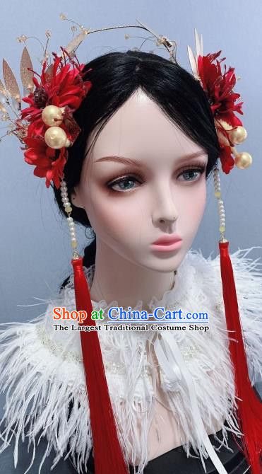 Chinese Hanfu Silk Flower Hair Sticks Traditional Court Hair Accessories Ancient Empress Red Tassel Hairpins