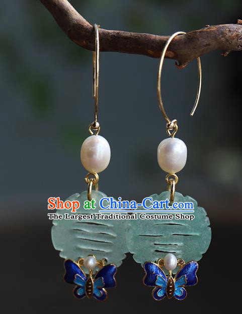 Handmade Chinese Ancient Bride Jade Earrings Jewelry Traditional Wedding Blueing Butterfly Ear Accessories