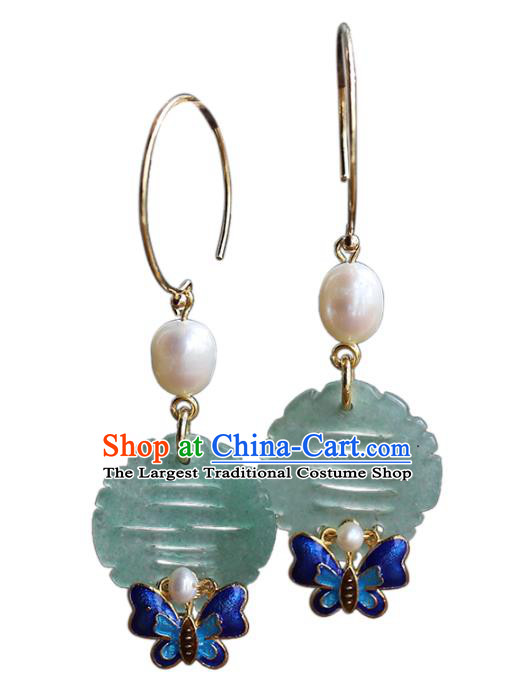 Handmade Chinese Ancient Bride Jade Earrings Jewelry Traditional Wedding Blueing Butterfly Ear Accessories