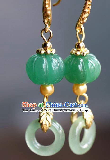 Handmade Chinese Traditional Wedding Jade Pumpkin Ear Accessories Ancient Qing Dynasty Earrings Jewelry