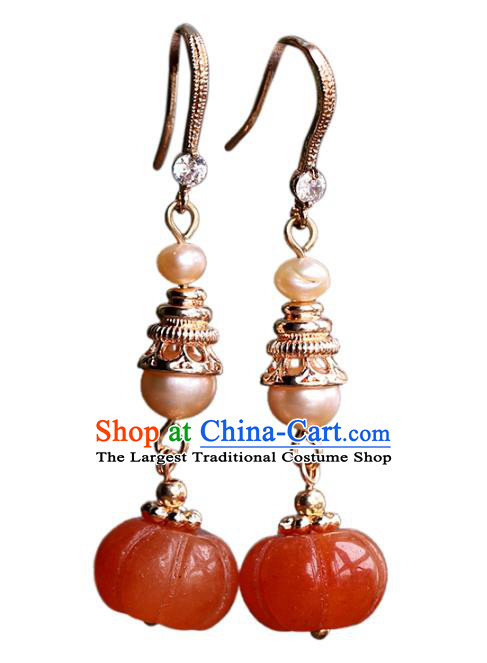 Handmade Chinese Ancient Qing Dynasty Pearls Earrings Jewelry Traditional Wedding Agate Pumpkin Ear Accessories