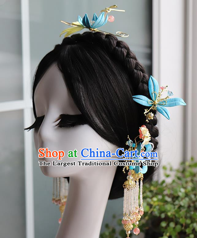 Traditional China Ancient Bride Blue Silk Flower Hair Comb Tassel Hairpins Handmade Wedding Hair Ornament Full Set