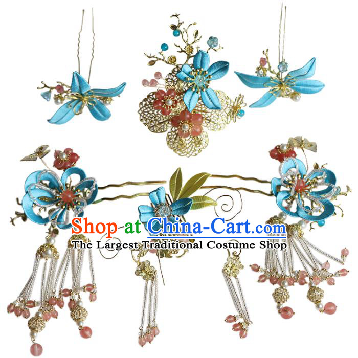 Traditional China Ancient Bride Blue Silk Flower Hair Comb Tassel Hairpins Handmade Wedding Hair Ornament Full Set