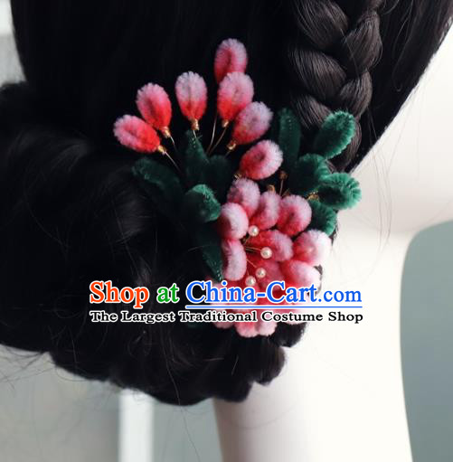 Chinese Wedding Hair Accessories Ancient Bride Pink Velvet Flowers Hairpin Traditional Hanfu Hair Comb