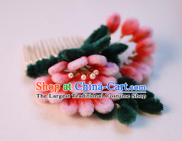 Chinese Wedding Hair Accessories Ancient Bride Pink Velvet Flowers Hairpin Traditional Hanfu Hair Comb