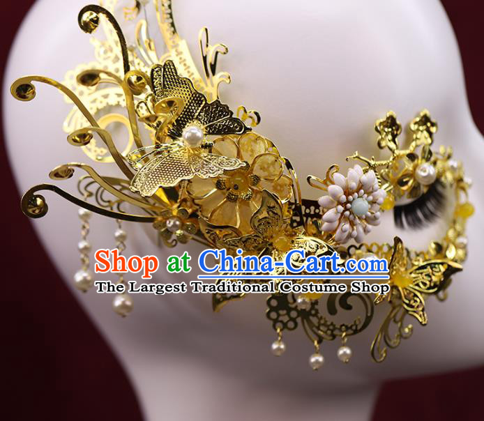 China Ancient Female Swordsman Golden Face Mask Traditional Drama Accessories