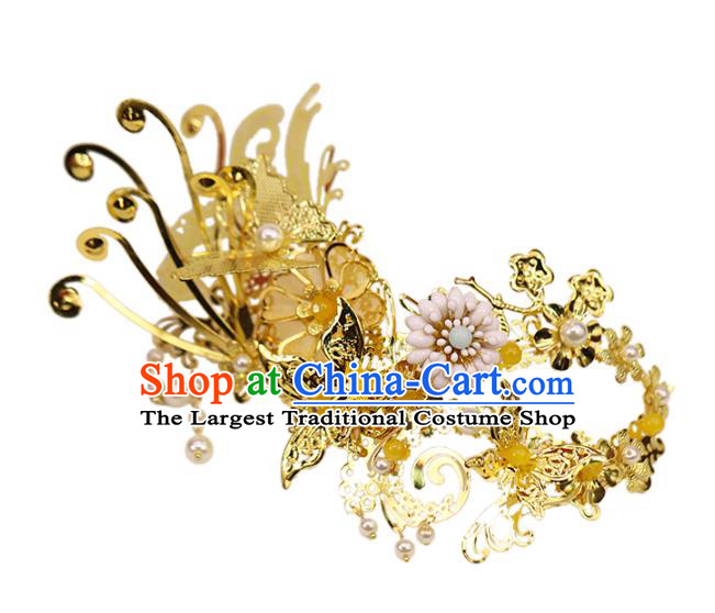 China Ancient Female Swordsman Golden Face Mask Traditional Drama Accessories