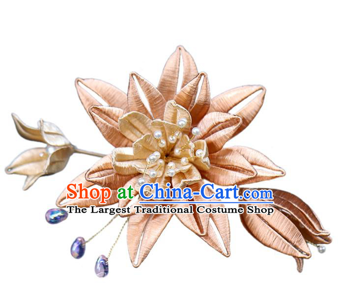 Chinese Traditional Ming Dynasty Hanfu Hair Stick Ancient Bride Orange Silk Flower Hairpin Wedding Hair Accessories