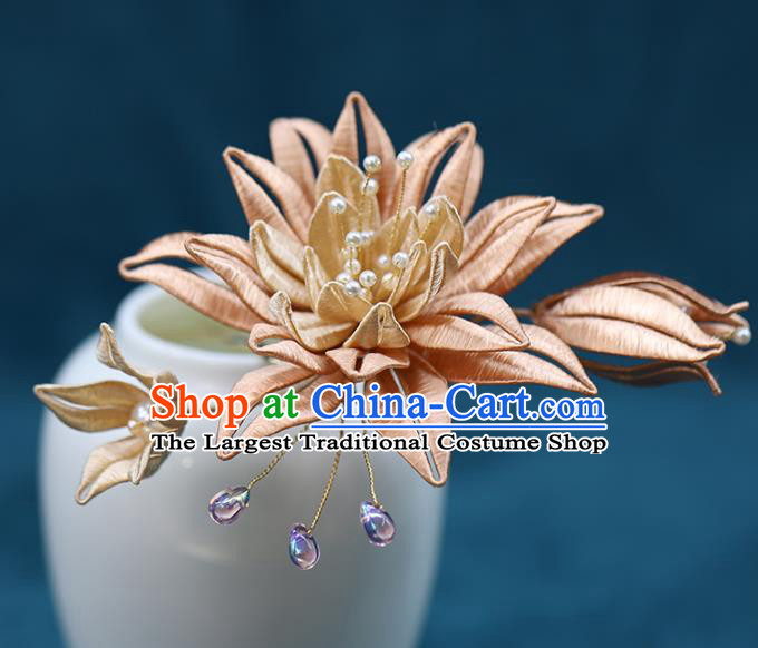 Chinese Traditional Ming Dynasty Hanfu Hair Stick Ancient Bride Orange Silk Flower Hairpin Wedding Hair Accessories