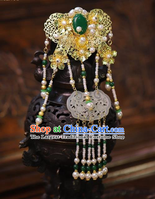 Traditional China Ancient Bride Jade Tassel Hair Comb Handmade Hairpins Wedding Hair Ornament Full Set
