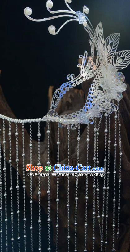 China Ancient Female Swordsman Argent Tassel Face Mask Traditional Drama Accessories