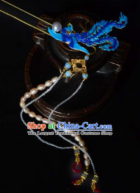 Chinese Ancient Empress Pearls Tassel Hairpin Hanfu Hair Accessories Traditional Blueing Phoenix Hair Stick