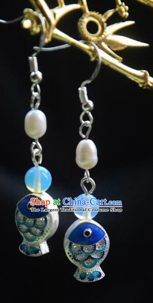 Handmade Chinese Ancient Princess Argent Earrings Jewelry Traditional Blueing Fish Ear Accessories