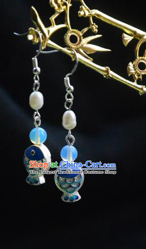 Handmade Chinese Ancient Princess Argent Earrings Jewelry Traditional Blueing Fish Ear Accessories