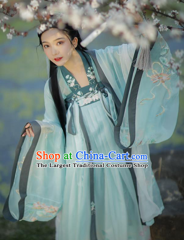 Traditional China Tang Dynasty Palace Princess Blue Hanfu Dress Ancient Court Infanta Historical Clothing