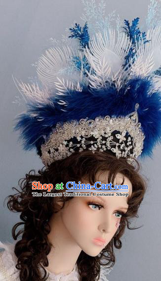 Top Handmade Blue Feather Royal Crown Hair Accessories Stage Show Hair Ornament Baroque Princess Hat