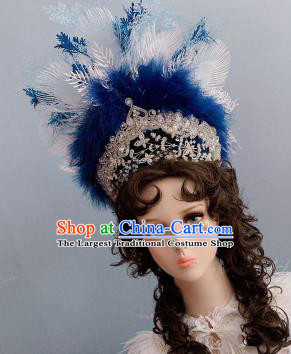 Top Handmade Blue Feather Royal Crown Hair Accessories Stage Show Hair Ornament Baroque Princess Hat