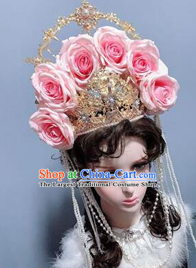 Handmade Baroque Wedding Hair Accessories Cosplay Goddess Headwear Europe Queen Pink Roses Royal Crown