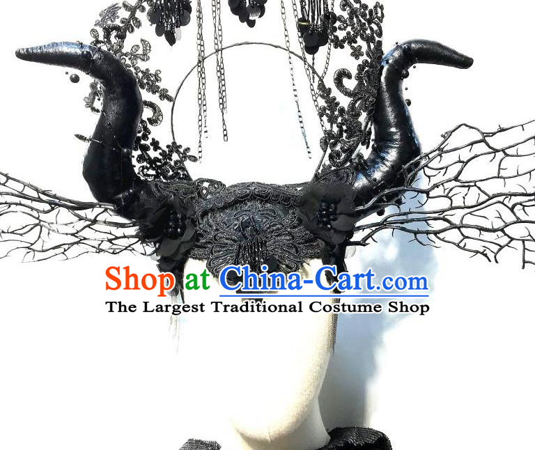 Handmade Halloween Cosplay Hair Accessories Gothic Queen Black Horn Royal Crown Stage Show Headdress