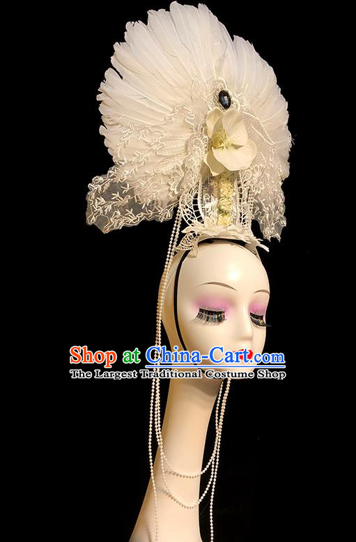 Handmade Stage Show Lace Headdress Halloween Cosplay Hair Accessories Queen White Feather Tassel Royal Crown