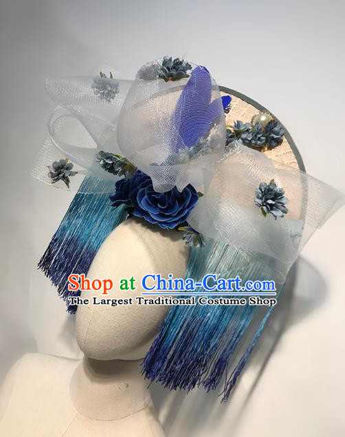 Handmade Stage Show Blue Tassel Hat Headdress Halloween Cosplay Hair Accessories Queen Royal Crown
