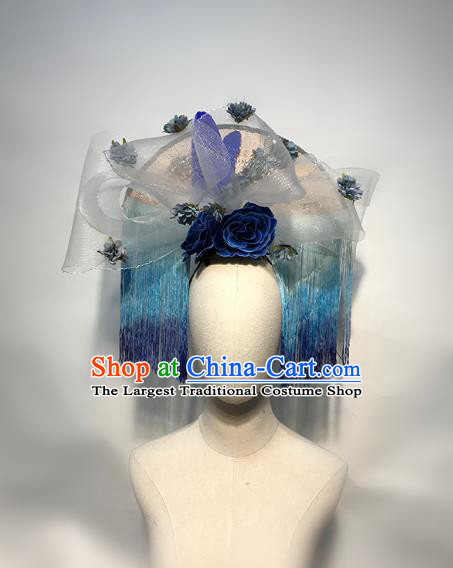 Handmade Stage Show Blue Tassel Hat Headdress Halloween Cosplay Hair Accessories Queen Royal Crown