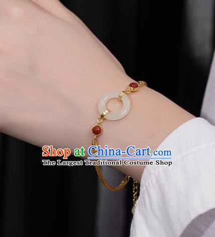 China Traditional National Accessories Red Coral Bracelet White Jade Ring Golden Bangle