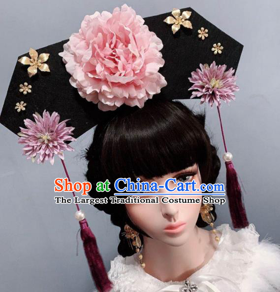 China Traditional Qing Dynasty Pink Peony Hat Giant Headwear Ancient Princess Hair Accessories