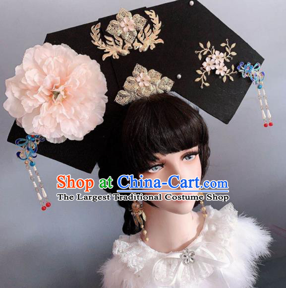 China Traditional Giant Headwear Ancient Imperial Consort Hair Accessories Qing Dynasty Manchu Champagne Peony Hat