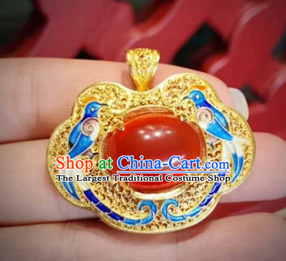 China Ancient Court Queen Cloisonne Magpie Necklace Traditional Qing Dynasty Golden Agate Jewelry Necklet Pendant Accessories