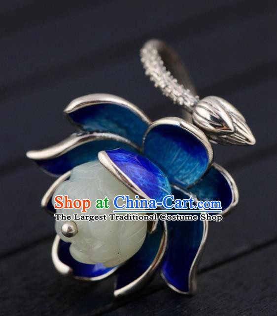 China Ancient Court Queen Cloisonne Lotus Ring Traditional Hanfu White Jade Jewelry Accessories