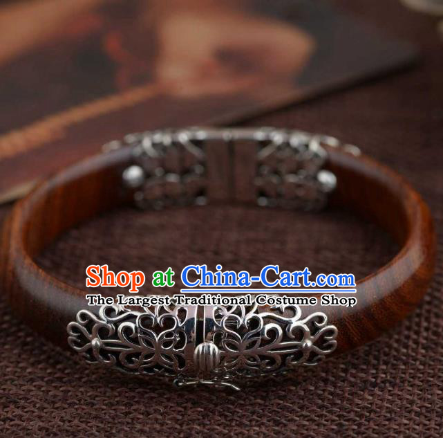 China Traditional Handmade Rosewood Bracelet National Silver Bangle Accessories
