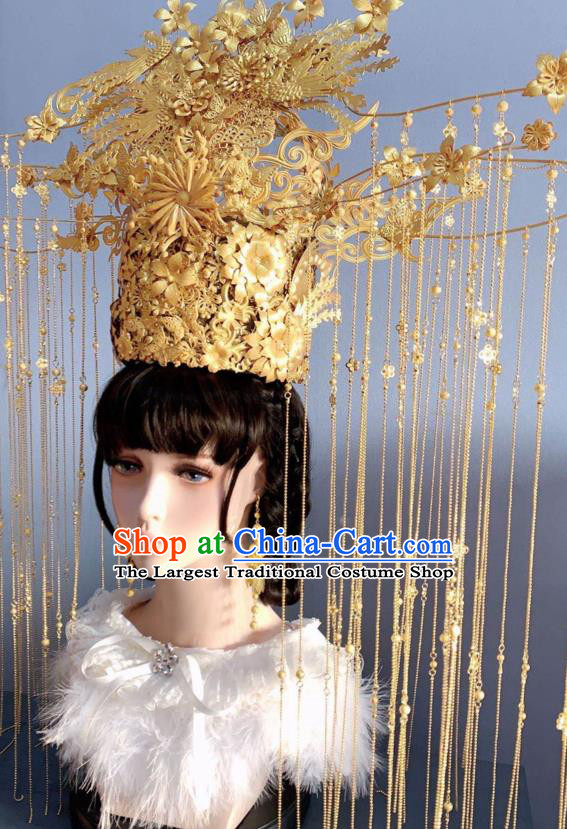 Handmade Chinese Traditional Wedding Hair Accessories Ancient Bride Deluxe Tassel Phoenix Coronet
