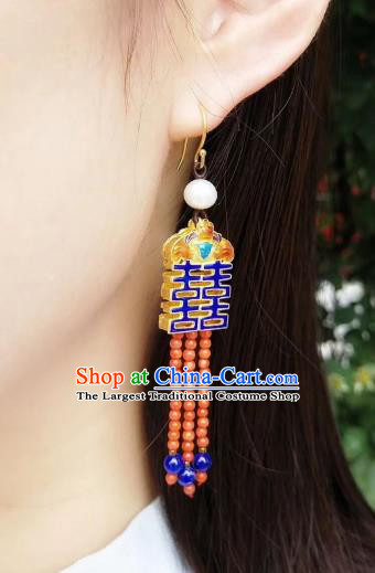 Handmade Chinese Qing Dynasty Red Beads Tassel Earrings Jewelry Traditional Classical Wedding Bride Ear Accessories