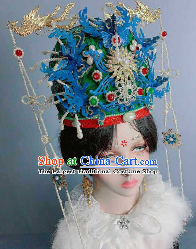 China Traditional Ming Dynasty Wedding Headwear Ancient Empress Green Phoenix Coronet Court Queen Luxury Hat