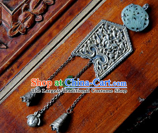 Handmade China Jade Carving Lotus Accessories Traditional Necklace Pendant National Women Silver Tassel Jewelry