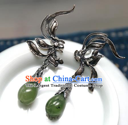 China Handmade Qing Dynasty Jade Mangnolia Ear Accessories Ancient Court Empress Earrings Traditional National Silver Jewelry