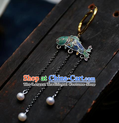 China Handmade Qing Dynasty Blueing Fish Ear Accessories Traditional National Jewelry Ancient Court Empress Pearls Tassel Earrings