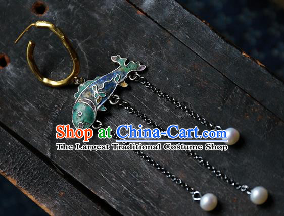 China Handmade Qing Dynasty Blueing Fish Ear Accessories Traditional National Jewelry Ancient Court Empress Pearls Tassel Earrings
