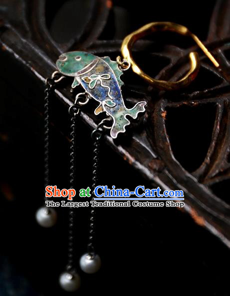 China Handmade Qing Dynasty Blueing Fish Ear Accessories Traditional National Jewelry Ancient Court Empress Pearls Tassel Earrings