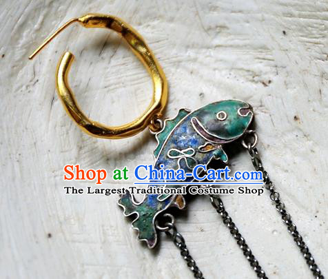 China Handmade Qing Dynasty Blueing Fish Ear Accessories Traditional National Jewelry Ancient Court Empress Pearls Tassel Earrings