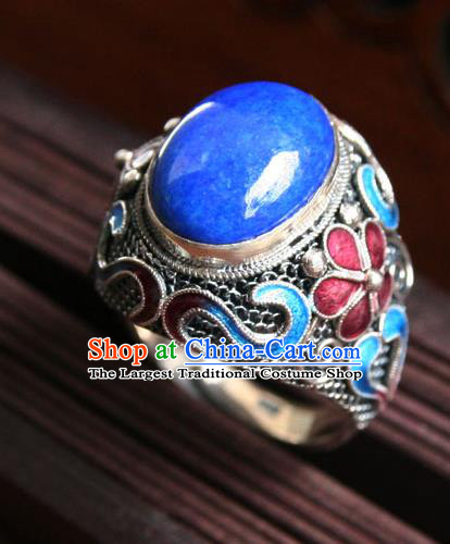 China Traditional Qing Dynasty Queen Enamel Plum Ring Accessories Ancient Court Woman Silver Circlet Jewelry