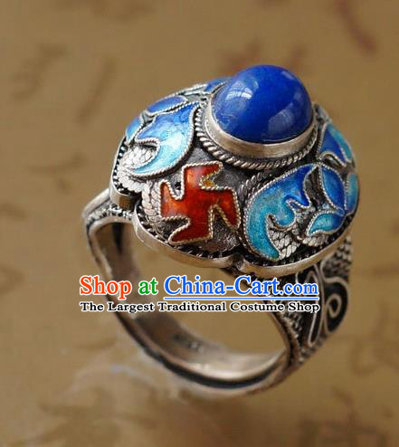 China Traditional Qing Dynasty Lapis Ring Accessories Ancient Court Woman Cloisonne Circlet Silver Jewelry