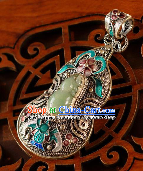 China Traditional National Jade Gourd Silver Jewelry Accessories Handmade Cloisonne Bat Necklace Pendant