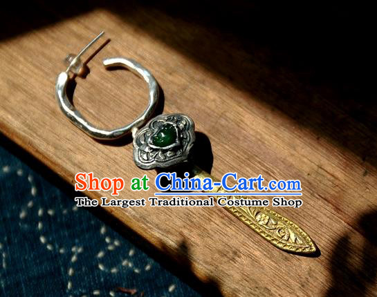 China Handmade Silver Carving Ear Accessories Traditional National Jewelry Ancient Qing Dynasty Court Empress Jade Golden Earrings