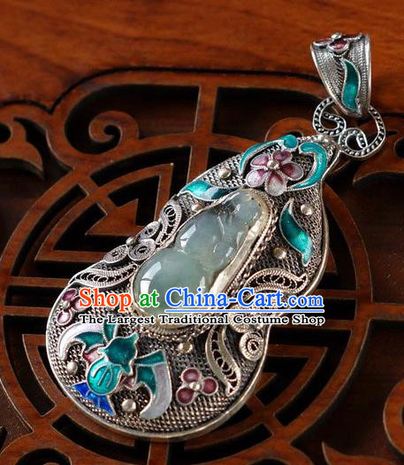 China Traditional Accessories Handmade Cloisonne Bat Necklace Pendant National Jade Gourd Silver Jewelry