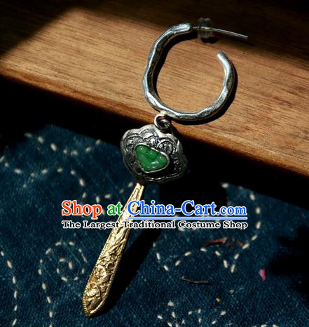 China Traditional National Jewelry Ancient Qing Dynasty Court Empress Jade Golden Earrings Handmade Silver Carving Ear Accessories
