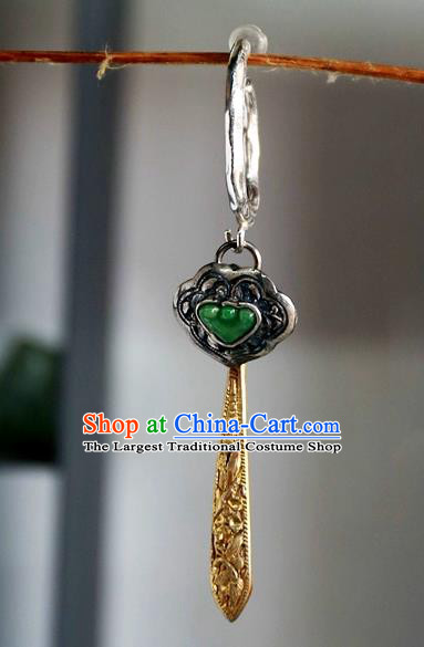 China Traditional National Jewelry Ancient Qing Dynasty Court Empress Jade Golden Earrings Handmade Silver Carving Ear Accessories