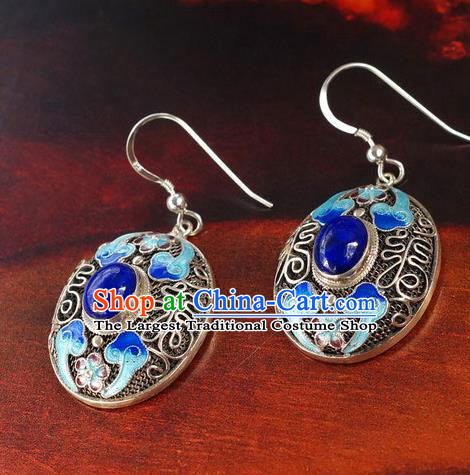 Handmade Chinese Traditional Qing Dynasty Palace Lapis Earrings Jewelry Ancient Empress Cloisonne Ear Accessories
