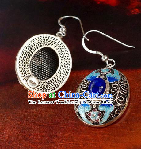 Handmade Chinese Traditional Qing Dynasty Palace Lapis Earrings Jewelry Ancient Empress Cloisonne Ear Accessories